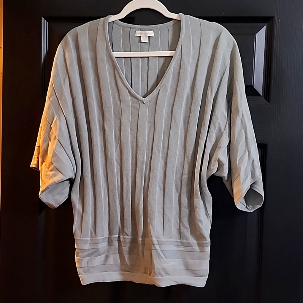 NY & Co Gray Women's Large V Neck Short Sleeves Band Hem (Lightweight Sweater)
